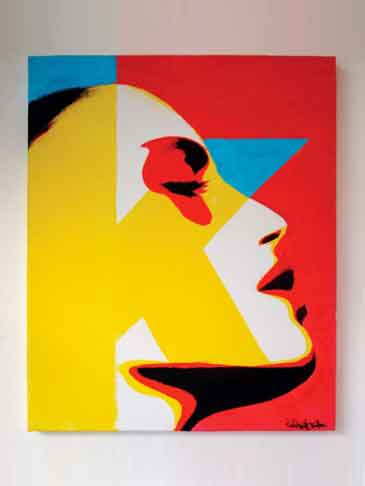 Face absorbed into a vivid interplay of geometry and movement.