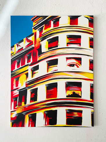 Portrait of a woman emerging from a labyrinth of architectural forms.