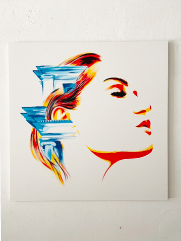 Woman depicted through fragmented gestures blending into an abstract horizon