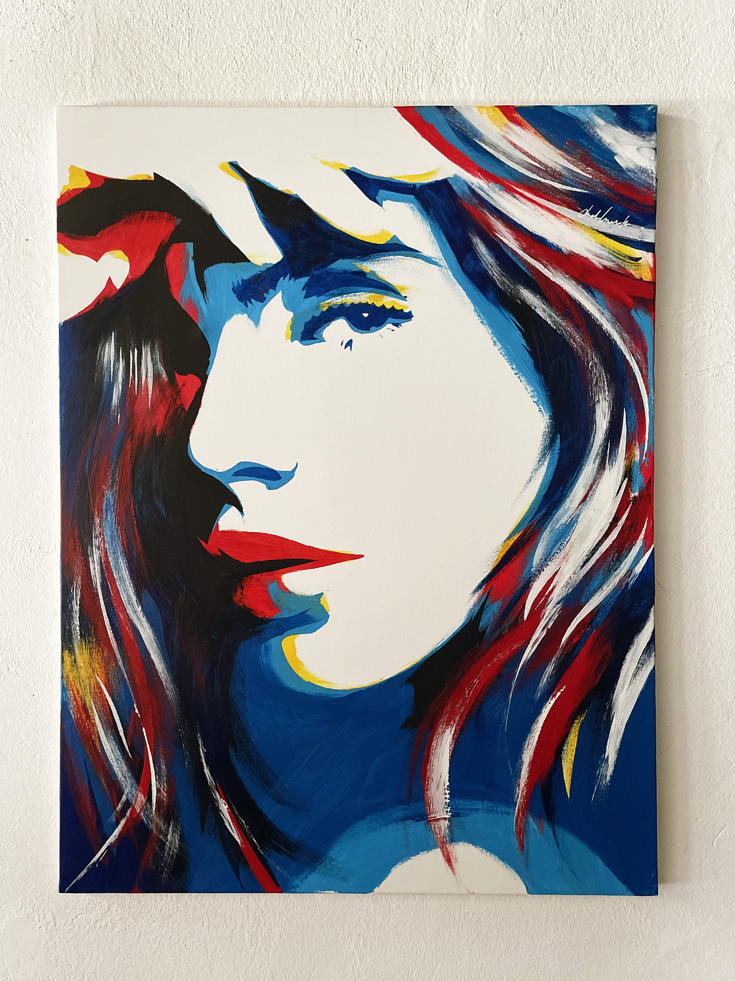 This captivating piece showcases a painting of a woman, rendered with striking attention to detail and emotion. The artwork stands out for its modern art influence, blending elements of realism with abstract touches that convey depth and complexity. The dominant white color palette is subtly complemented by an accent of deep blue, hinting at the serene yet expressive nature of the subject. The woman's face is the focal point, depicted with a high degree of realism that captures her features and expressions vividly, suggesting she is in her early twenties.
The use of light and shadow in the painting enhances the three-dimensional quality, making the woman's figure emerge from the canvas with a lifelike presence. The artwork is a testament to the artist's skill in the visual arts, demonstrating a mastery of drawing, illustration, and painting techniques. The overall effect is one of elegance and introspection, inviting viewers to delve deeper into the story behind the canvas. This painting is not just a visual treat but a piece of modern art that challenges and delights the observer, making it a valuable addition to any art collection or exhibition focusing on contemporary interpretations of human and nature themes.