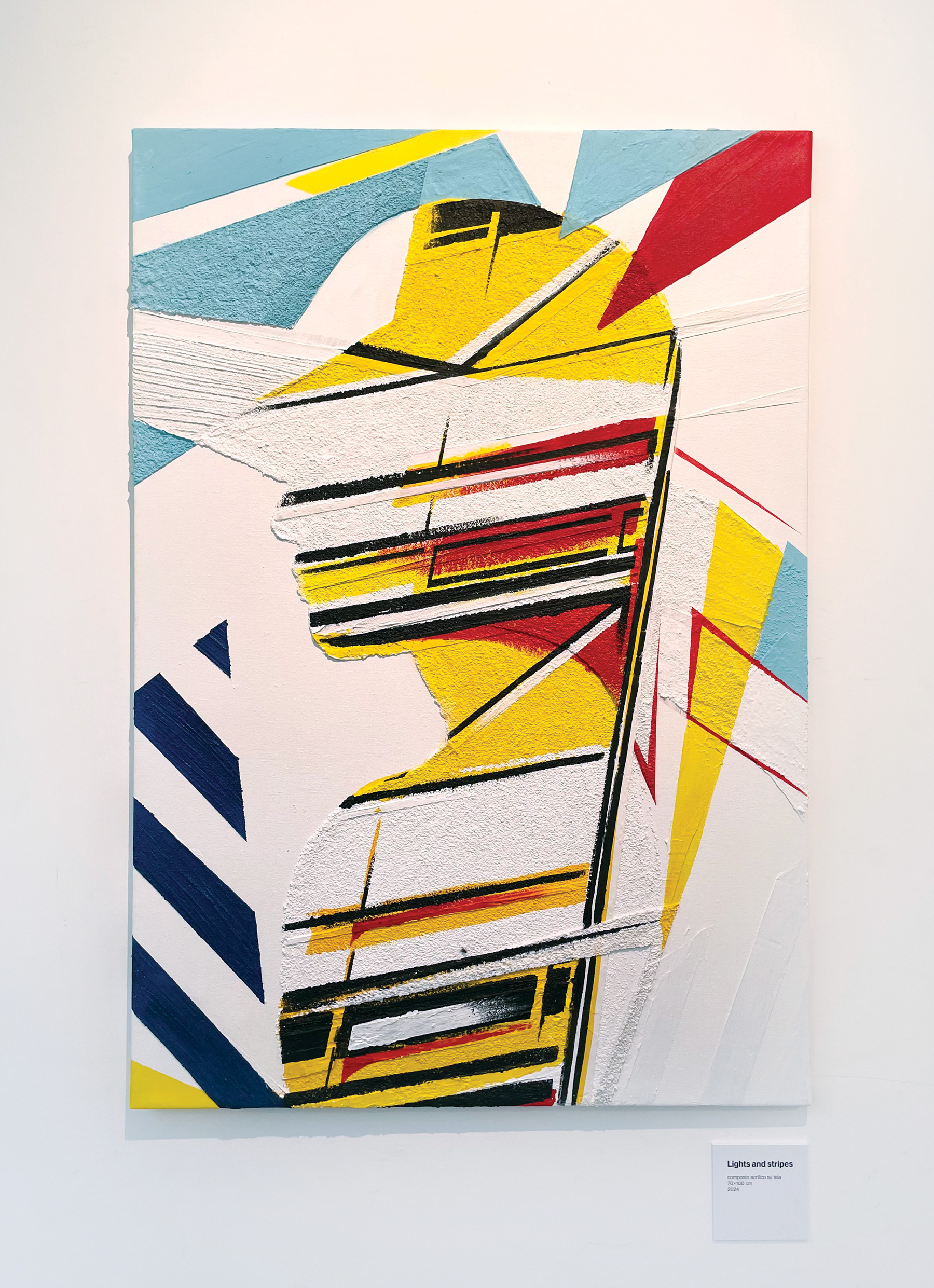 Face integrated into a dynamic skyline of geometric buildings.