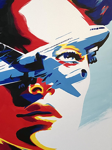 Portrait soaring among aerodynamic curves and skyward trajectories.