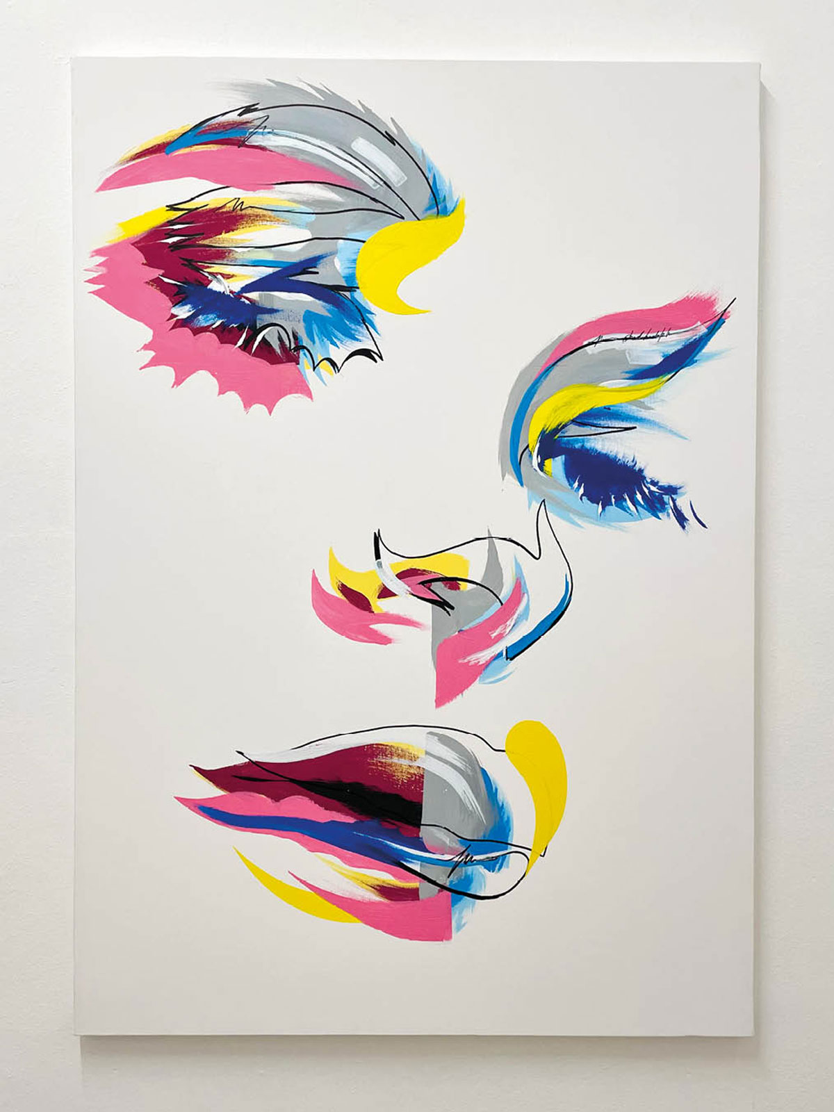 Face unveiled through vibrant interplays of opacity and glow.
