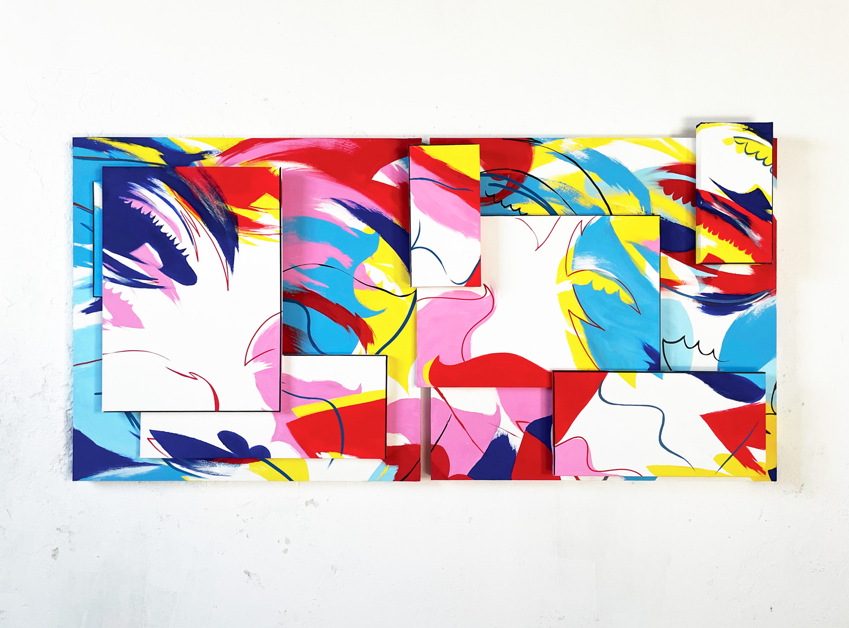 expect_200x103cm_wall What begins as a portrait unravels into a rhythm of glances—mirrored, distorted, multiplied like city lights on a rainy night.