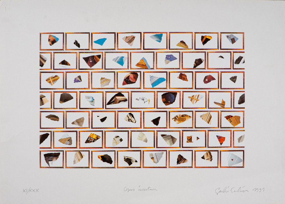 Opus Incertum (1991) by Giulio Paolini, conceptual artwork featuring a geometric grid of small rectangular panels with abstract fragments in blue, orange, black and brown.