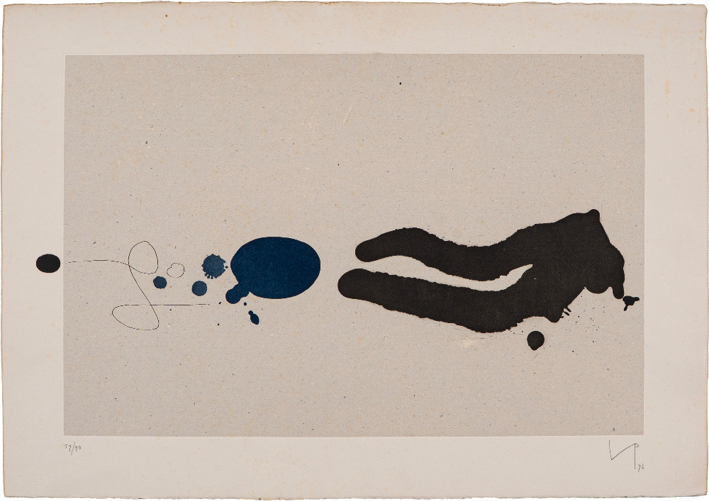 Punto di contatto 1 (1976) by Victor Pasmore, abstract etching and aquatint featuring flowing black forms, blue shapes and delicate circular lines.