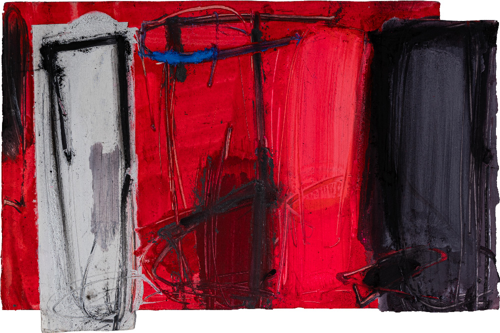 Untitled abstract artwork by Enzo Esposito, featuring expressive red, black and grey brushstrokes and geometric forms.