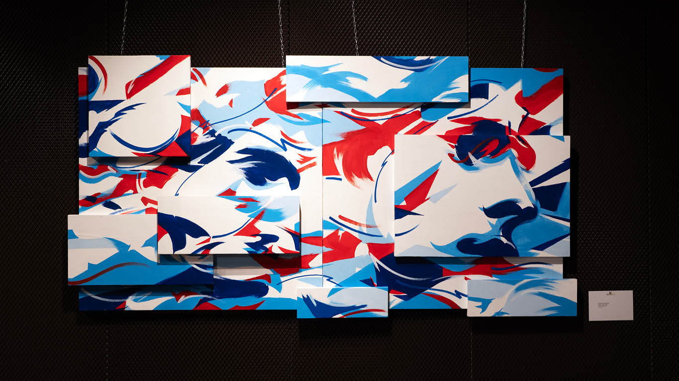 Riddle Walker by Guido DutyGorn, mixed-media artwork on wood featuring deconstructed faces in red, blue, black and white.