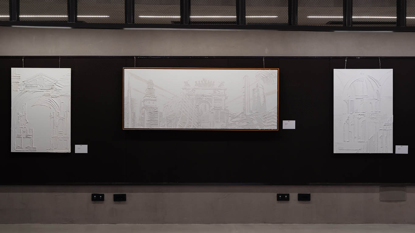 Three white monochromatic relief artworks from Guido DutyGorn's Frontage series, depicting architectural facades and urban perspectives.