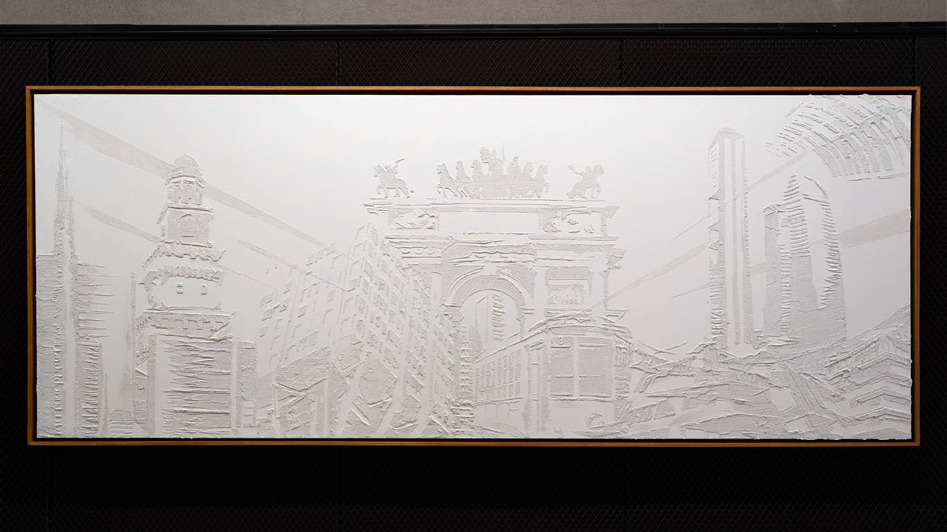 Wait Less by Guido DutyGorn, white monochromatic relief artwork depicting Milan's urban architecture, including the Sforza Castle and Arco della Pace.